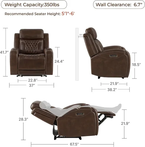 Vista 2 de CHITA Silla reclinable de cuero genuino para adultos con reposacabezas eléctrico ajustable, sillón reclinable plano con portavasos extraíbles