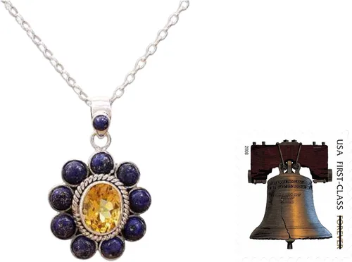 Vista 6 de NOVICA Collar hecho a mano con colgante de plata de ley 925, lapislázuli, citrino, lapiz, india, piedra natal floral amarilla 'Sunny Blue', Piedra