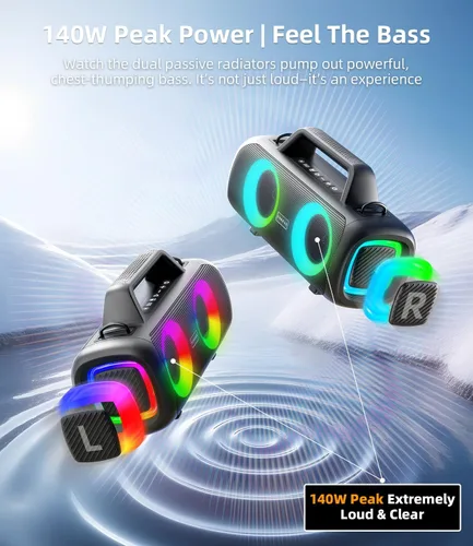 Vista 3 de Altavoz Bluetooth portátil inalámbrico, sonido fuerte de 140 W de pico con 2 subwoofers y refuerzo de graves, altavoz impermeable para exteriores