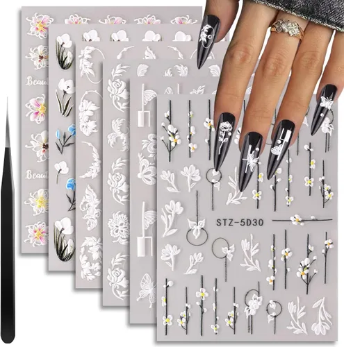 Vista 8 de 8 hojas de calcomanías de arte de uñas con flores 5D, calcomanías de uñas en relieve con pinzas, pegatinas autoadhesivas, uñas rosas y blancas
