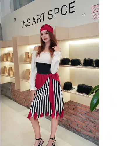 Vista 4 de Lingway Toys Disfraz de pirata para mujer - Vestido de mujer pirata con turbante