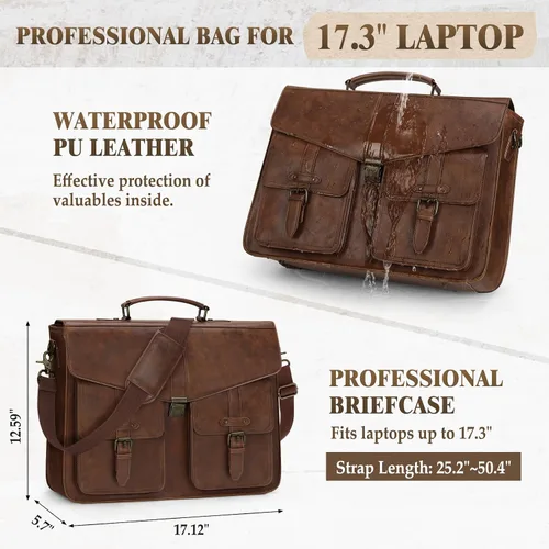Vista 3 de RAINSMORE Bolsa de mensajero para hombre de 17 pulgadas, maletín para computadora portátil, impermeable, de cuero, para trabajo, oficina, viajes