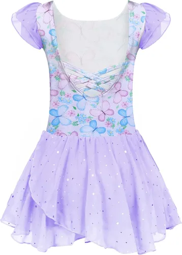 Vista 19 de Arshiner - Vestido de baile de ballet con mangas con volantes, leotardo de tutú con ruedo para niñas Lila