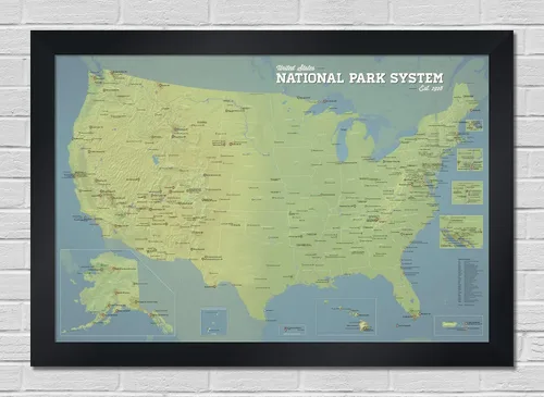 Vista 12 de Póster de unidades del sistema de parques nacionales de EE. UU., mapa de 24 x 36 pulgadas (beige y azul claro)