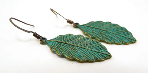 Vista 2 de Metal Feather or Leaf Dangle Earrings with Teal Verdigris Patina over Brass with Antiqued Brass Ear Wires