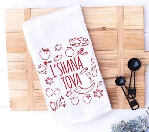 Vista 2 de Toalla de cocina Rosh Hashanah, toalla a prueba de jalá de íconos navideños de Shana Tova, regalo de anfitriona judía (L'Shana Tova)