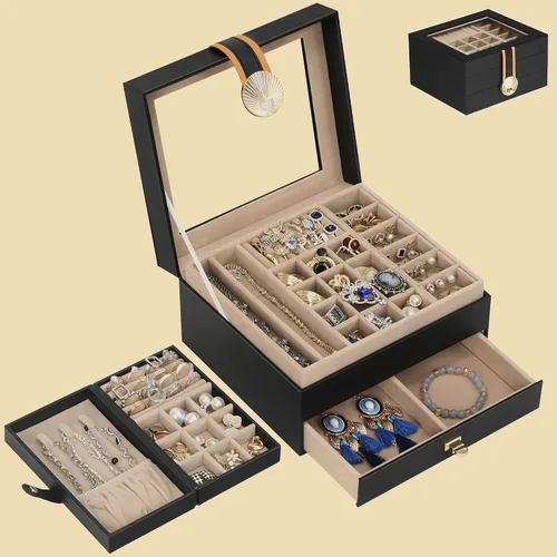 Vista 9 de Hzuaneri Joyero de 3 capas, organizador de joyas con tapa de vidrio, 1 soporte individual para joyas, 1 cajón, estuche de joyería de piel sintética