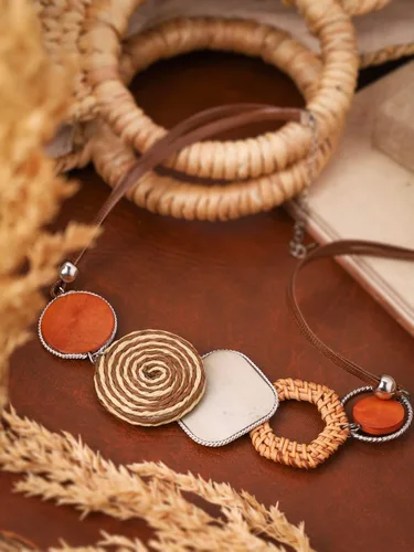 Vista 5 de MINACHI Handmade Braided Necklace for Women, Wooden Beads, Rattan Charm, Vintage Style, Gift Jewelry