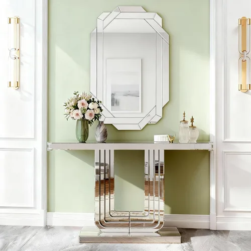 Vista 25 de Mesa Consola Negra con Espejo, Mesa de Sofá de Cristal Rectangular de 48 pulgadas con Elementos Tallados Vintage con Espejo, Muebles de Espejo
