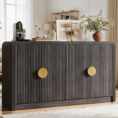 Vista 9 de Decofy Aparador de buffet acanalado de 55 pulgadas con almacenamiento, gabinete de buffet moderno de mediados de siglo con estantes ajustables