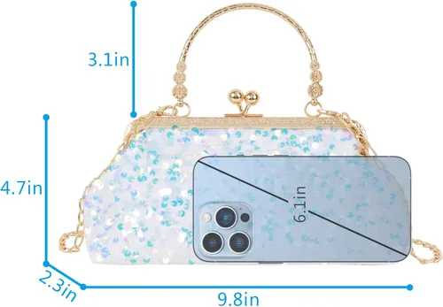 Vista 6 de Mini bolso de noche con lentejuelas con purpurina para mujer, bolso de mano de metal con asa superior, correa de cadena, bolso cruzado