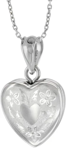 Vista 3 de Collar con medallón de corazón de plata de ley de 12 pulgada para mujer, grabado floral de 16 a 20 pulgadas, Plata esterlina, Sin gemas.
