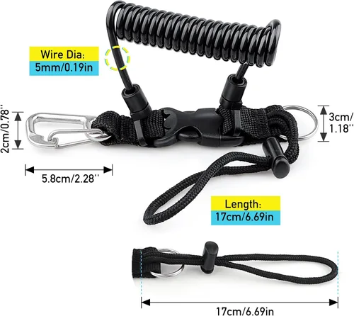 Vista 7 de Buceo bobina Landyard, cordón de acero inoxidable para cámara en espiral con hebilla de metal de liberación rápida