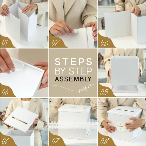 Vista 6 de Caja para tarjetas de boda blanca grande de 10 pulgadas con ranura, elegante caja de regalo para fiestas, graduaciones, cumpleaños, quinceañeras