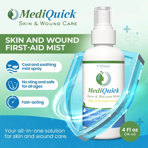 Vista 2 de MediQuick Spray de ácido hipocloroso, espray antiséptico para el cuidado de la piel y heridas, sin picaduras, 4 onzas