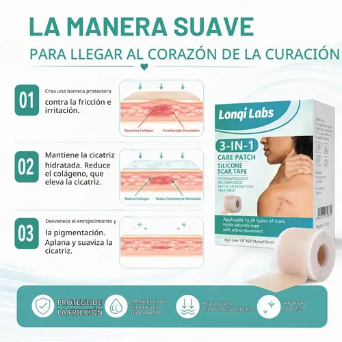 Vista 2 de Lonqi - Parche de cuidado 3-1, parche Lonqi Labs Patch, cinta de silicona para cicatrices para todo tipo de piel, arrugas, reutilizable