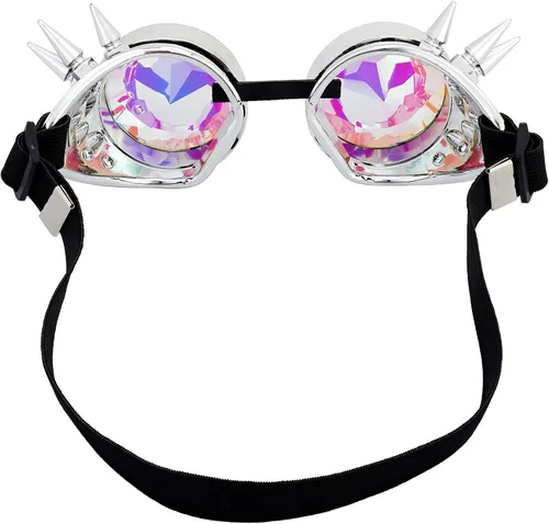 Vista 47 de Gafas de caleidoscopio retro con pinchos, gafas de cristal arcoíris steampunk estilo soldadura, gafas de cosplay punk