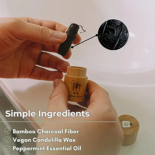 Vista 6 de Hilo dental de carbón de bambú biodegradable vegano con recipiente de bambú recargable, recarga incluida, cera de candelilla natural, 164.0 ft x 2