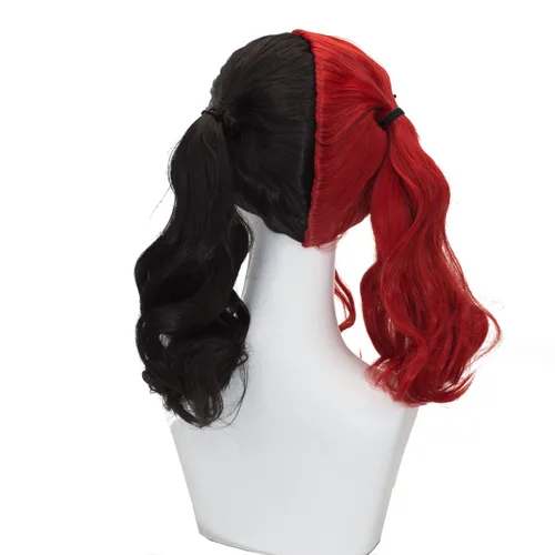 Vista 3 de Peluca negra y roja para mujer, peluca larga ondulada de doble cola de caballo, disfraz de cosplay, Halloween