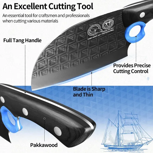 Vista 4 de XYJ Auténtico desde 1986, cuchillo de carnicero grande y resistente, cuchillo de chef serbio con estuche, cuchillo de cocina para vegetales