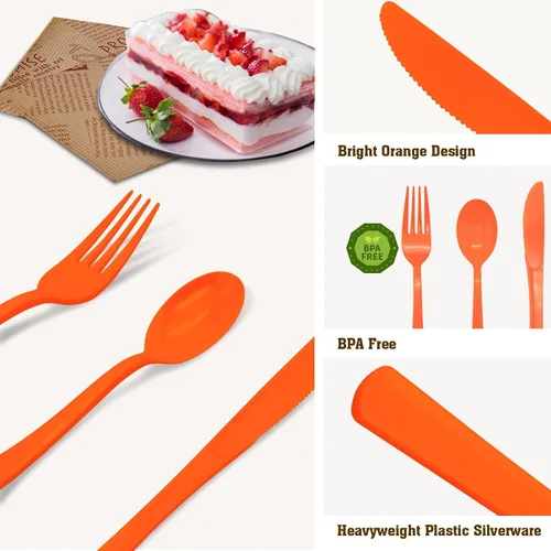 Vista 6 de Paquete de 300 cubiertos de plástico naranja, cubiertos de plástico naranja incluye 100 tenedores, 100 cucharas, 100 cuchillos para cumpleaños