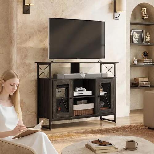 Vista 2 de WLIVE Soporte de TV para TV de 43 pulgadas, pequeño centro de entretenimiento con gabinete de almacenamiento y estantes ajustables, soportes de TV