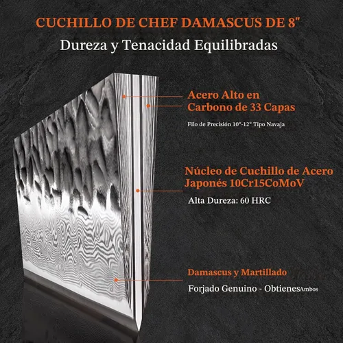 Vista 5 de Cuchillo de chef japonés de Damasco de 8 pulgadas, acero inoxidable de alto