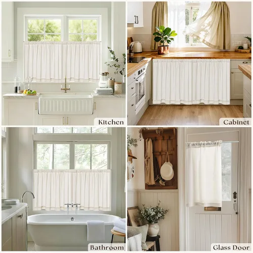 Vista 6 de Cortinas de cocina de lino semitransparente beige de 24 pulgadas de largo, 2 paneles Cream, Cafe Short Curtains, for Bathroom Small Windows, Light