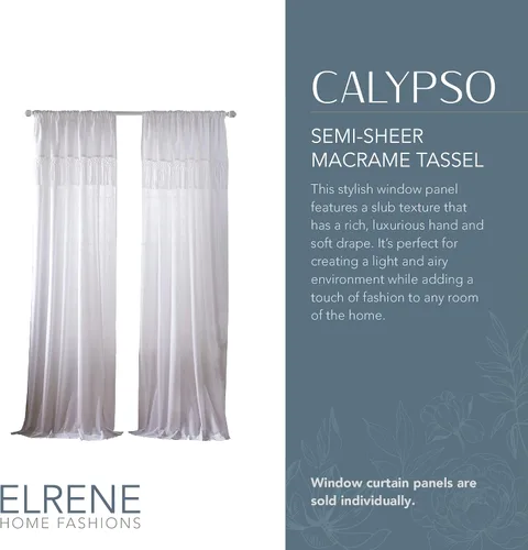 Vista 10 de Elrene Home Fashions Calypso - Cortina para ventana, de algodón semitransparente con borlas de macramé anudadas a mano, con bolsillo para barra, 52