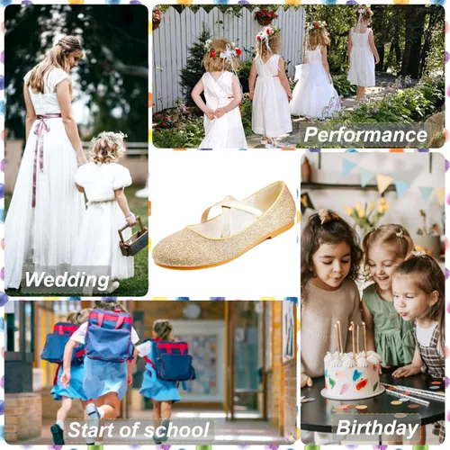 Vista 7 de W&LESVAGO Zapatos de ballet de princesa con purpurina para niñas con correa elástica, zapatos de vestir Mary Jane para niña, regreso a la escuela