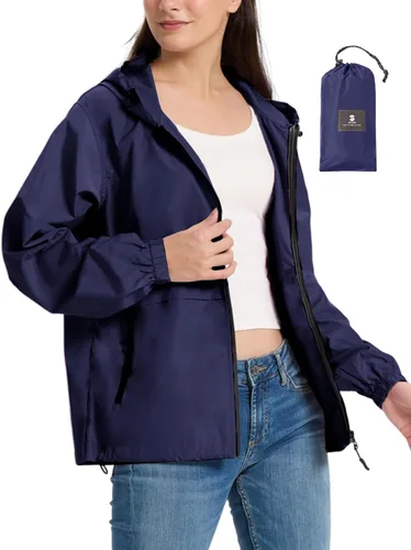 Vista 8 de Chaqueta ligera de lluvia para mujer, impermeable y transpirable, chaqueta con capucha plegable, cortavientos con capucha Beige