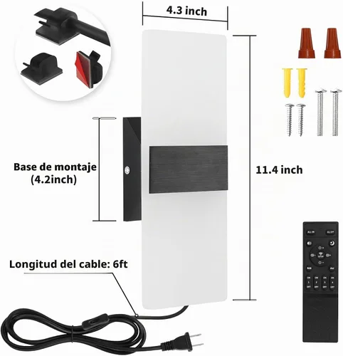 Vista 6 de GOODATE Aplique de pared enchufable con colores ajustables sin escalones de 3000K-6500K y brillo del 10%-100%, luz de pared LED acrílica de 12W