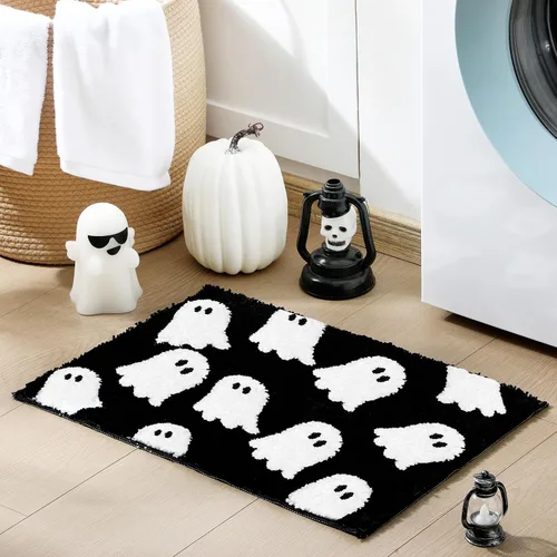 Vista 2 de Tapete de baño de fantasma negro, tapete de baño suave de Halloween, antideslizante, lindo fantasma espeluznante, decoración de baño, alfombra