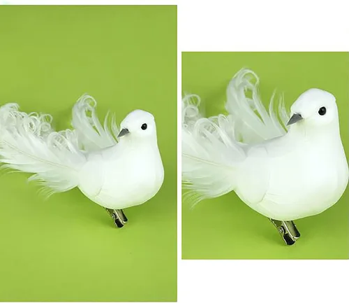 Vista 3 de Paquete de 12 palomas blancas artificiales, decoración de palomas blancas con clips de metal, plumas de simulación, mini pájaros blancos con clip