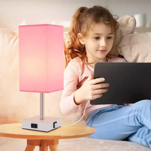 Vista 6 de Lámpara de mesa con control táctil, 3 modos regulables, puertos USB C+A y tomacorriente, lámpara de noche para decoración de dormitorio y sala