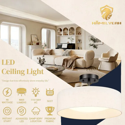 Vista 11 de Hamilyeah Lámpara de techo semiempotrada con pantalla de tela blanca, lámparas LED de 12 pulgadas para montaje en techo, lámpara de techo LED
