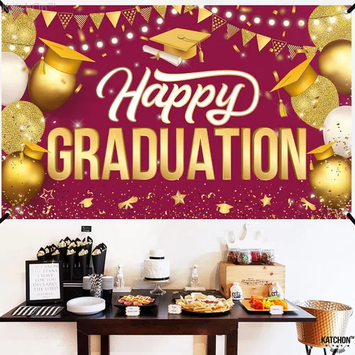 Vista 5 de KatchOn, Cartel de feliz graduación granate y dorado XL, 72 x 44 pulgadas Fondo de graduación 2025, decoraciones de graduación clase de 2025