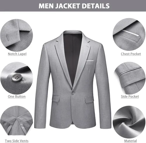Vista 4 de Trajes de 2 piezas para hombre, ajuste delgado, casual, con un botón, trajes sólidos para hombre, negocios, boda, fiesta, chaqueta, blazer