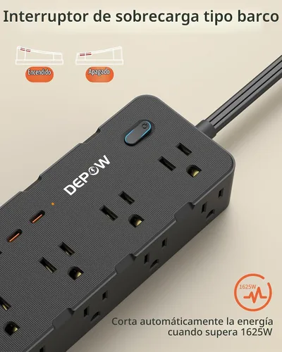 Vista 6 de Regleta de alimentación de 3 pies, cable de extensión con 8 salidas de CA + Negro