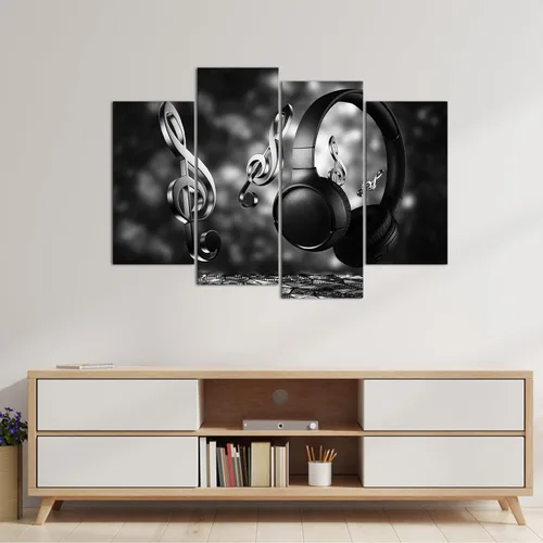 Vista 2 de 4 paneles de auriculares inalámbricos, lienzo, arte de pared, notas en blanco y negro, pintura con auriculares HD, carteles fotográficos para sala