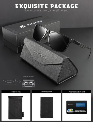 Vista 7 de ANYLUV Gafas de sol polarizadas para hombre, lentes de sol de lujo con patillas de fibra de carbono para hombres, estilo rectangular, protección UV