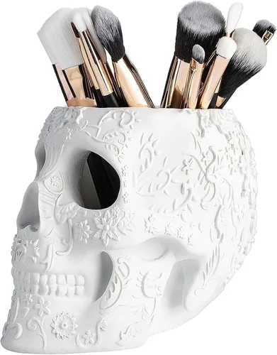 Vista 11 de Soporte para brochas de maquillaje de calavera, soporte para bolígrafos, tocador, escritorio, organizador de oficina, estacionario, maceta Negro