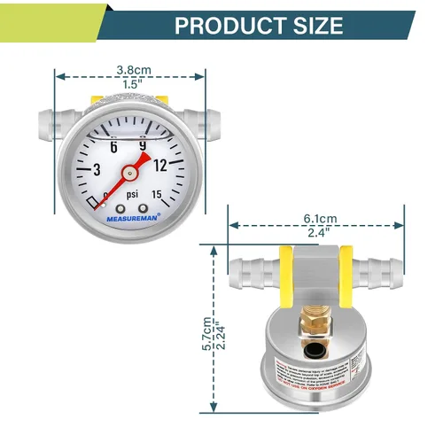 Vista 4 de MEASUREMAN - Manómetro, 0 a 15 psi, relleno glicerina, esfera 1.5 pulgadas, caja acero inoxidable 304, montaje central posterior 1/8 NPT, adaptador