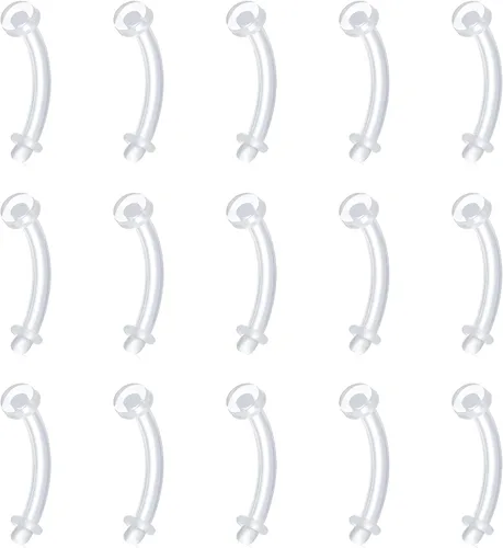 Vista 6 de FECTAS Aretes de plástico flexible transparente de 16G y 14G, anillos para cejas, barras curvadas, retenedores para piercing de vientre, 15