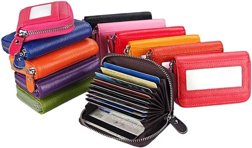 Vista 7 de RFID bloqueo 12 ranuras tarjeta de crédito titular cuero acordeón cartera
