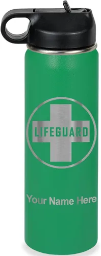 Vista 35 de LaserGram Botella de agua personalizada, salvavidas, acero inoxidable de doble pared aislada al vacío con popote superior, regalo grabado Negro