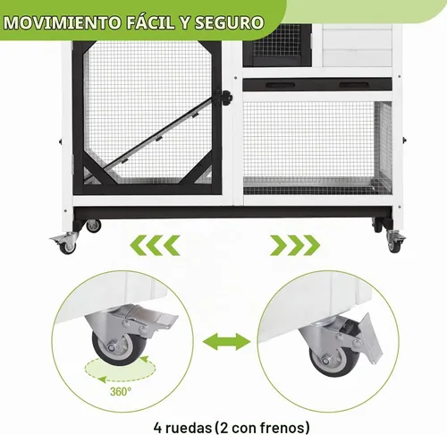 Vista 4 de GUTINNEEN Jaula para conejos, interior y exterior, casa para conejos de 2 pisos con ruedas, jaula de madera con 2 bandejas extraíbles para cobayas