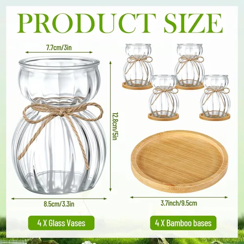 Vista 2 de LemonRoad 4 jarrones de vidrio para flores, jacinto forzado, aguacate, jarrón decorativo transparente con posavasos redondos de bambú para mujeres