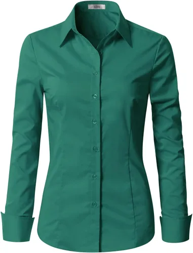 Vista 9 de EZEN - Blusa de manga larga, ajustada, elástica, con cuello de botones para mujer, para oficina, estilo formal, casual