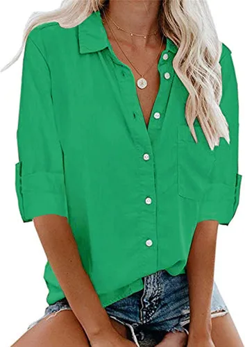 Vista 2 de UODSVP Camisa de manga larga con botones para mujer, blusa de manga larga con bolsillo con solapa